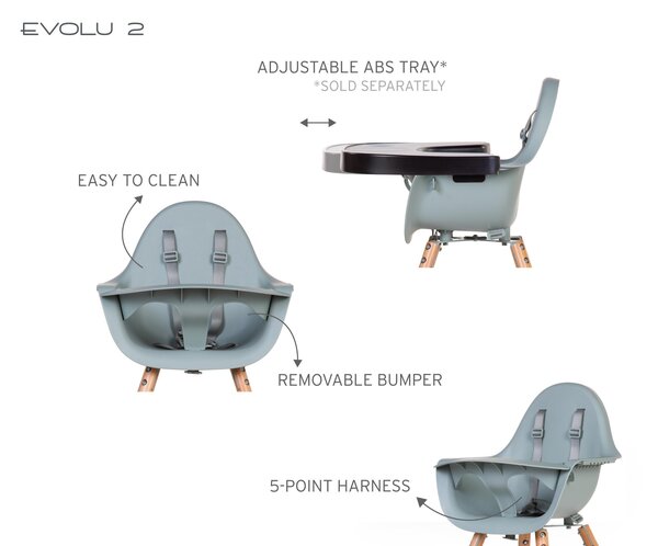 Childhome Evolu 2 highchair 2in1 with bumper, Natural Mint - Childhome