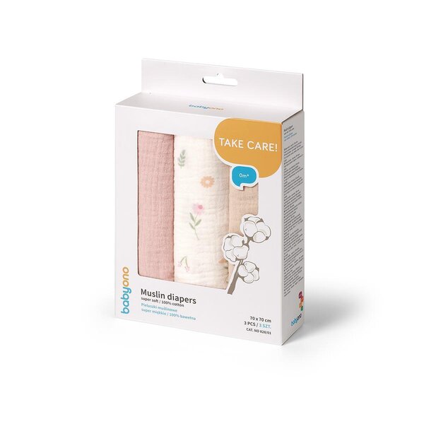 BabyOno crinkled muslin diapers 70x70cm, Pink 3pcs  - BabyOno